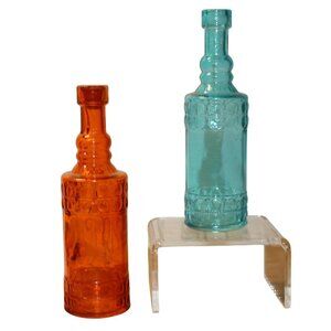 2 Vtg Embossed Glass Decorative Bottles / Decanters Aqua & Orange Collectibles